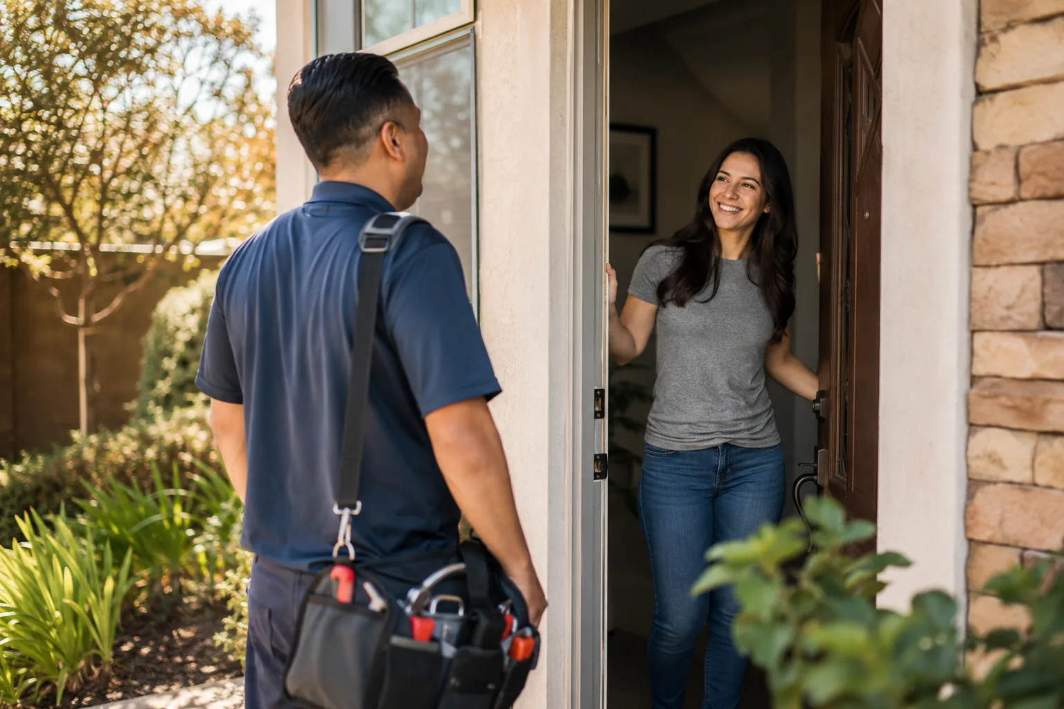 Redhawk technician greeting a homeowner at a Temecula home
