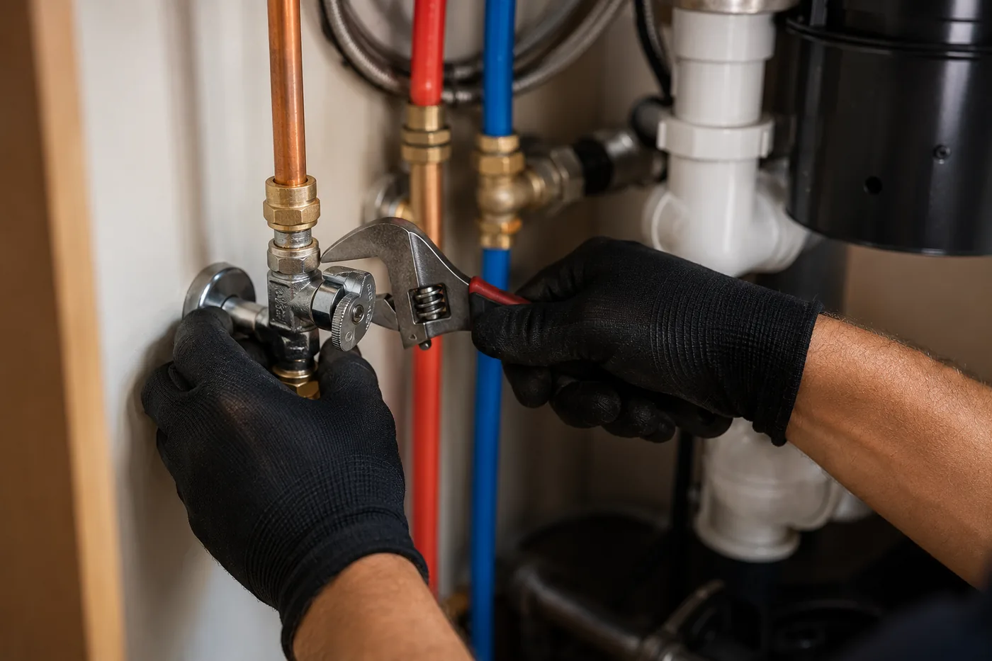 Redhawk plumber working on drain lines under a sink