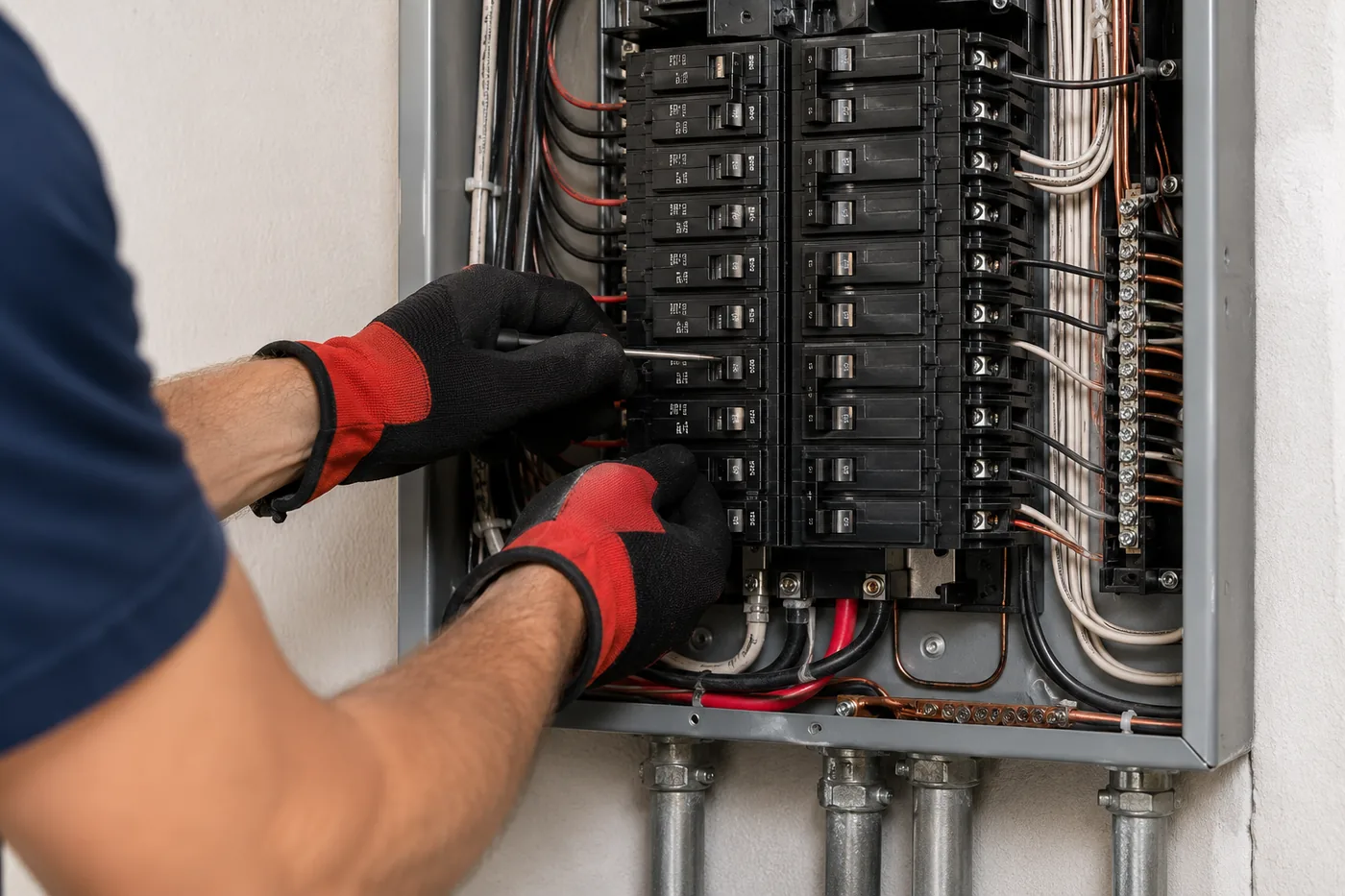 Redhawk electrician working in an electrical panel