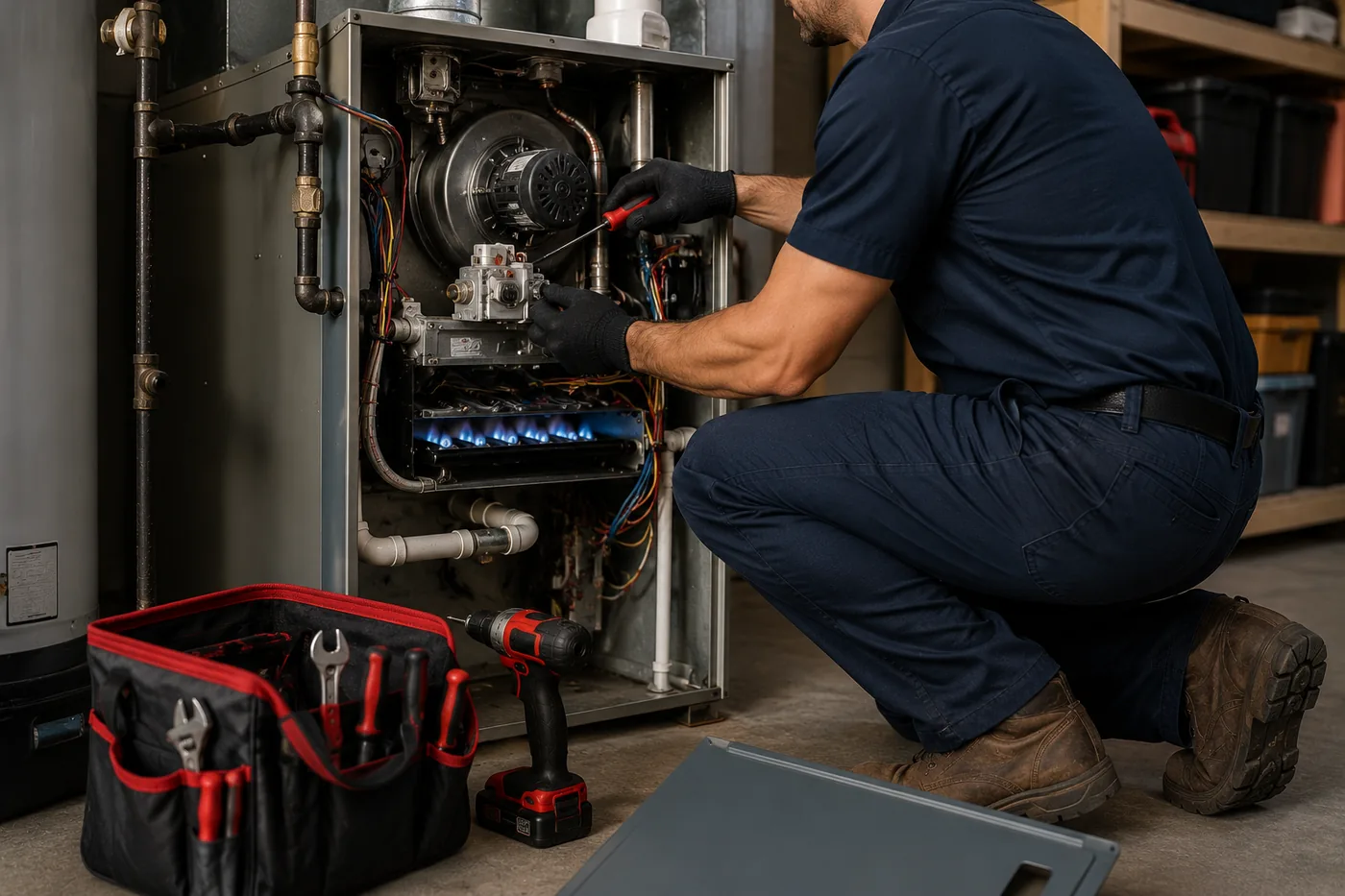Redhawk technician servicing a home furnace