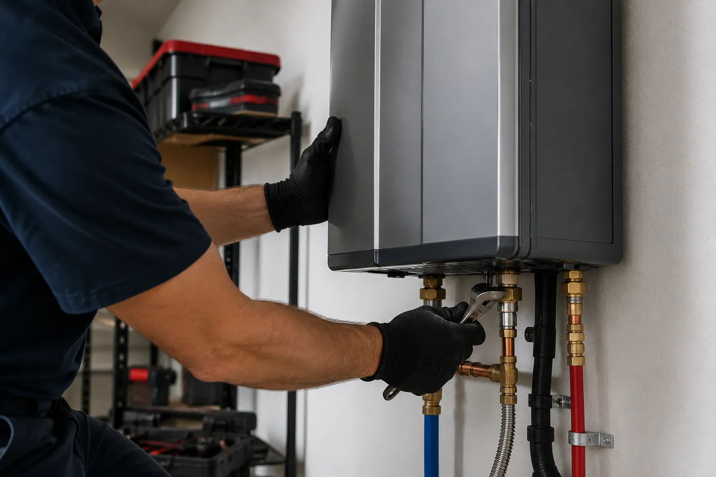 Redhawk plumber installing a water heater